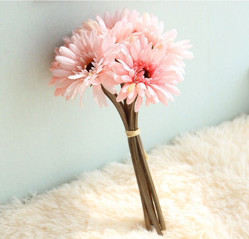Artfen Artificial Gerbera Flower Artificial Daisy Flowers Bride Bridesmaid Holding Flowers 7 Stems Silk Daisies Flower Wedding Bouquet Living Room Office Party Garden DIY Decoration Pink - Image 2